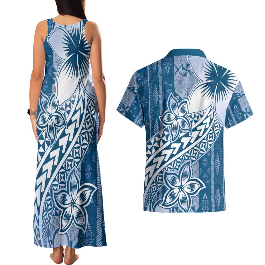 Tonga Kupesi Ngatu Couples Matching Tank Maxi Dress and Hawaiian Shirt Vintage Blue Plumeria