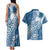 Tonga Kupesi Ngatu Couples Matching Tank Maxi Dress and Hawaiian Shirt Vintage Blue Plumeria