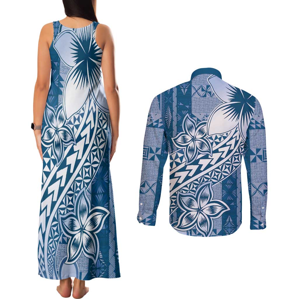 Tonga Kupesi Ngatu Couples Matching Tank Maxi Dress and Long Sleeve Button Shirt Vintage Blue Plumeria