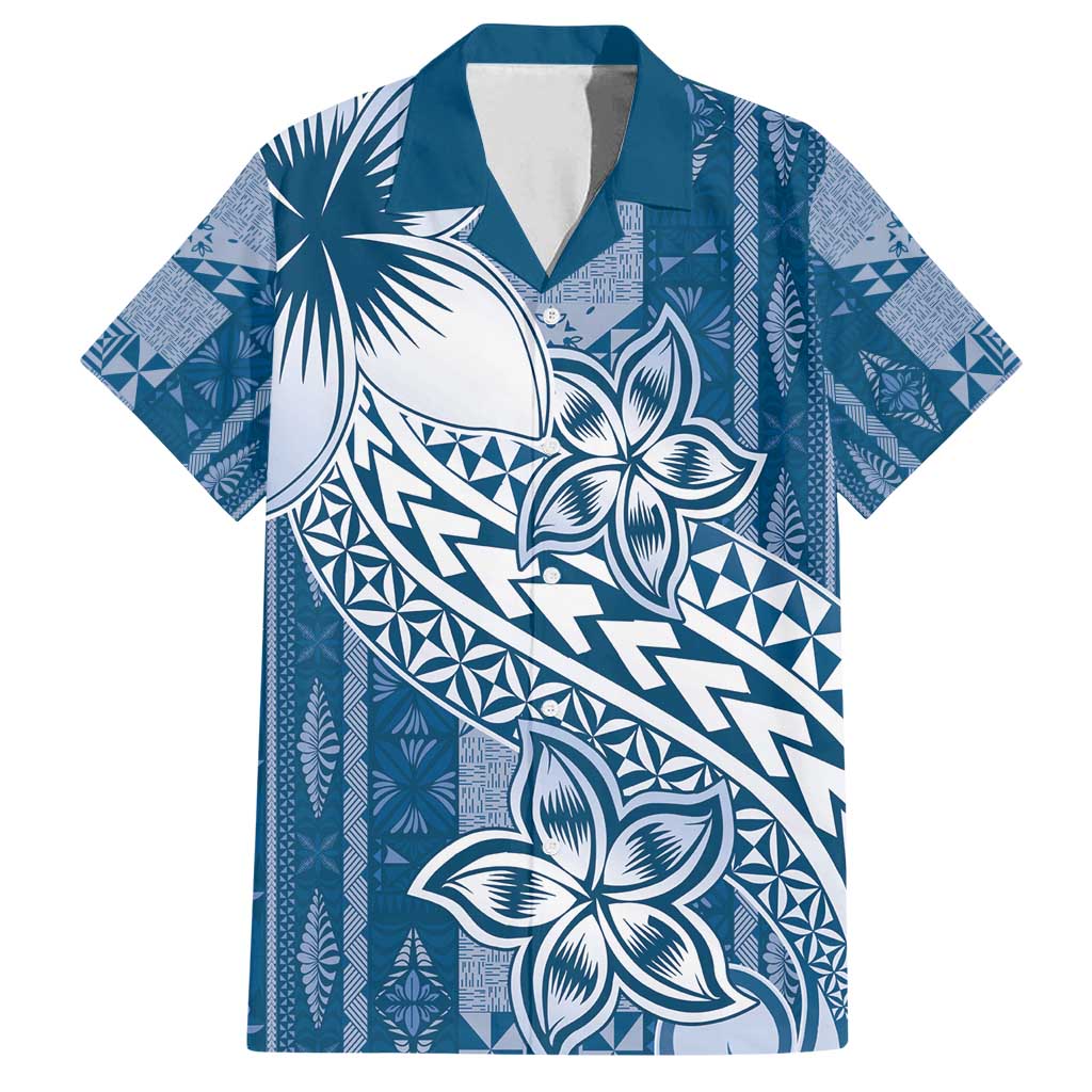 Tonga Kupesi Ngatu Family Matching Long Sleeve Bodycon Dress and Hawaiian Shirt Vintage Blue Plumeria