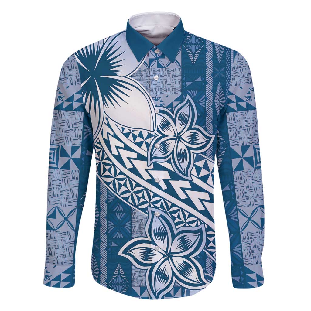 Tonga Kupesi Ngatu Family Matching Long Sleeve Bodycon Dress and Hawaiian Shirt Vintage Blue Plumeria