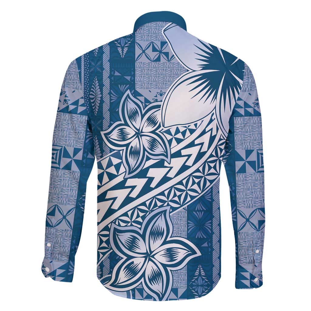 Tonga Kupesi Ngatu Family Matching Long Sleeve Bodycon Dress and Hawaiian Shirt Vintage Blue Plumeria