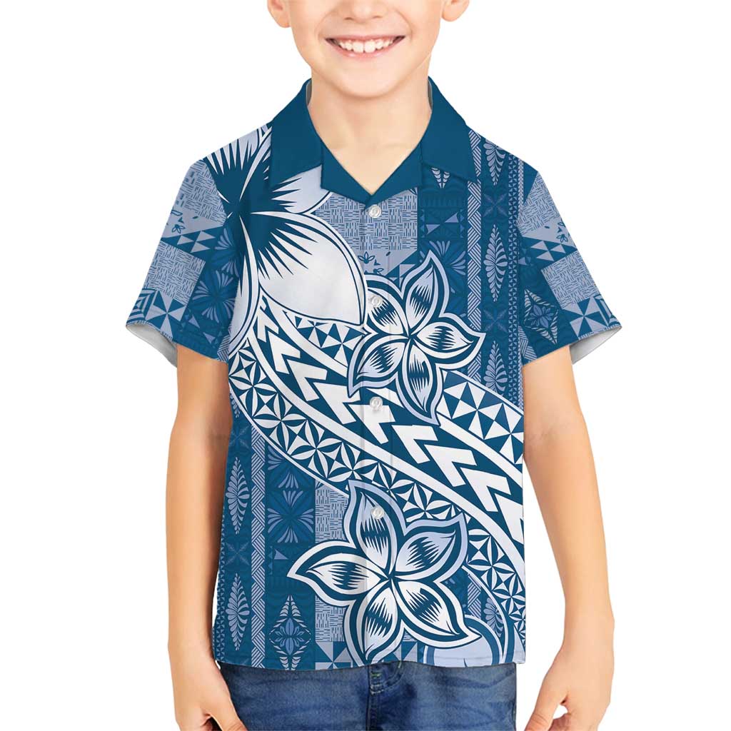 Tonga Kupesi Ngatu Family Matching Long Sleeve Bodycon Dress and Hawaiian Shirt Vintage Blue Plumeria