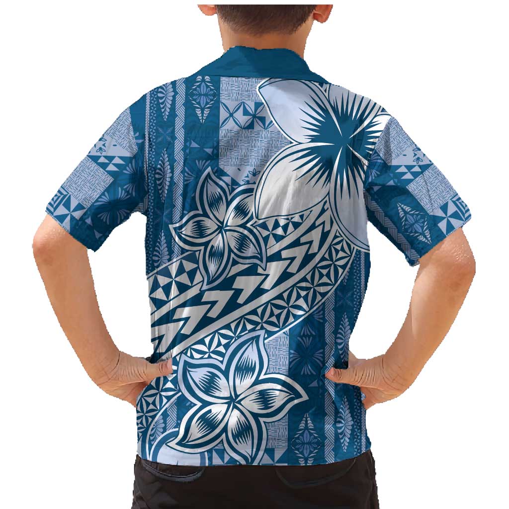Tonga Kupesi Ngatu Family Matching Mermaid Dress and Hawaiian Shirt Vintage Blue Plumeria