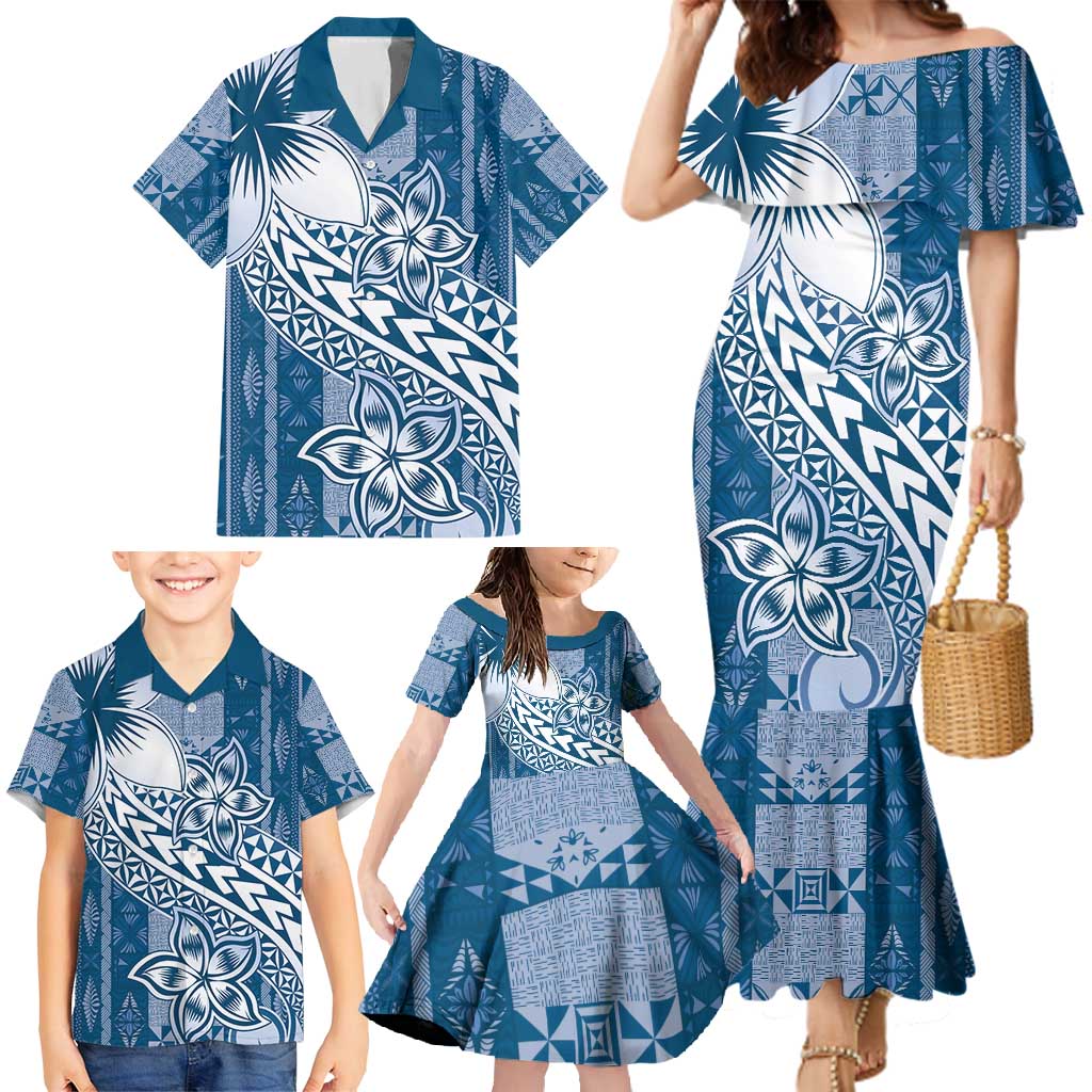 Tonga Kupesi Ngatu Family Matching Mermaid Dress and Hawaiian Shirt Vintage Blue Plumeria