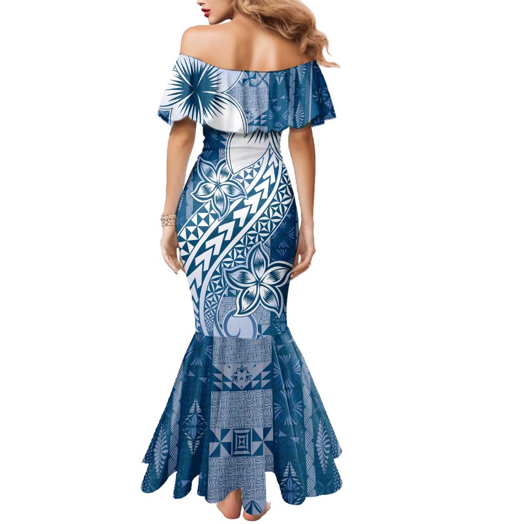 Tonga Kupesi Ngatu Family Matching Mermaid Dress and Hawaiian Shirt Vintage Blue Plumeria