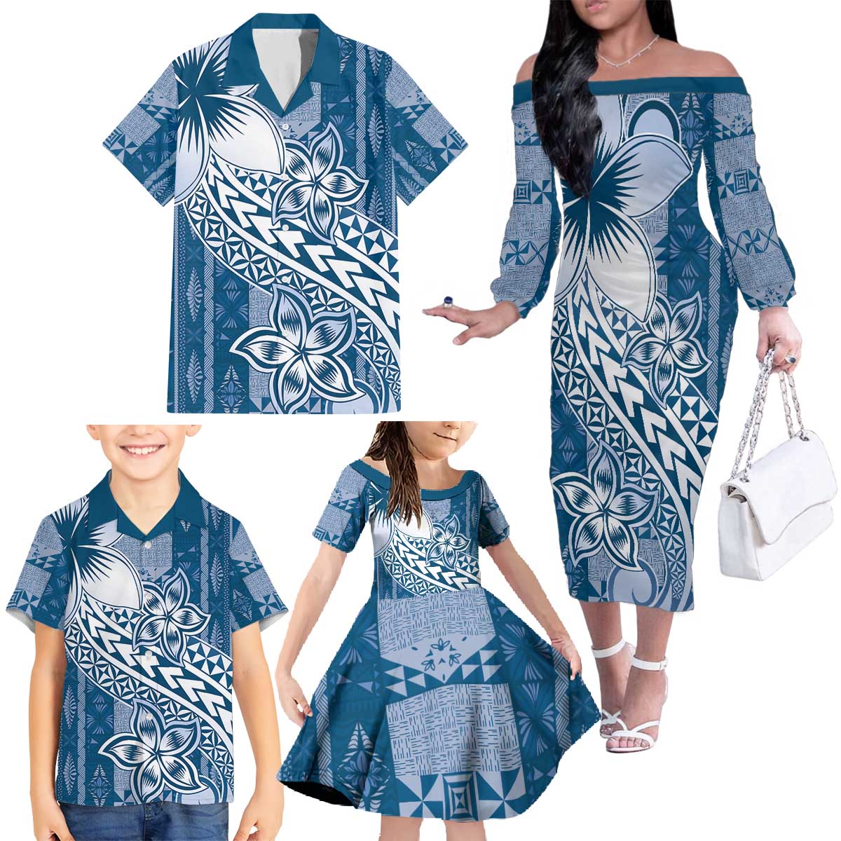 Tonga Kupesi Ngatu Family Matching Off The Shoulder Long Sleeve Dress and Hawaiian Shirt Vintage Blue Plumeria