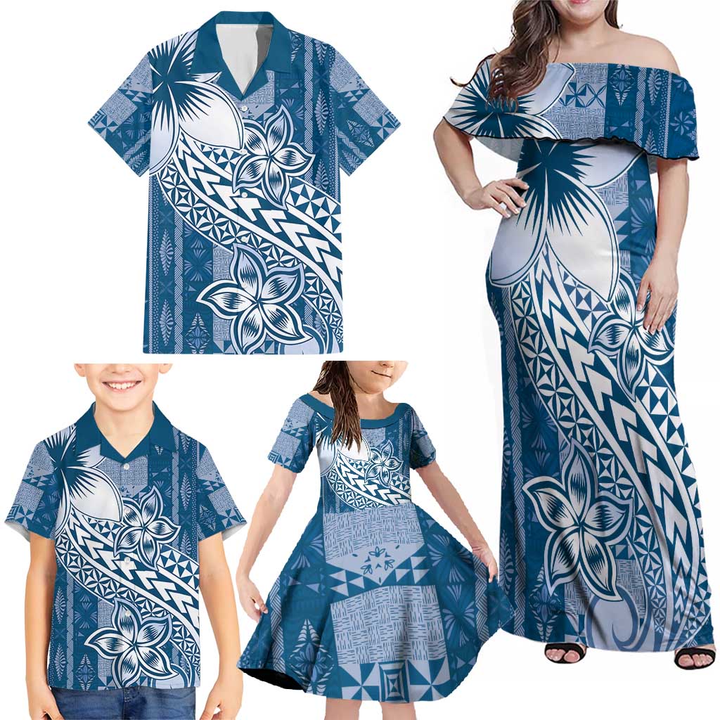 Tonga Kupesi Ngatu Family Matching Off Shoulder Maxi Dress and Hawaiian Shirt Vintage Blue Plumeria