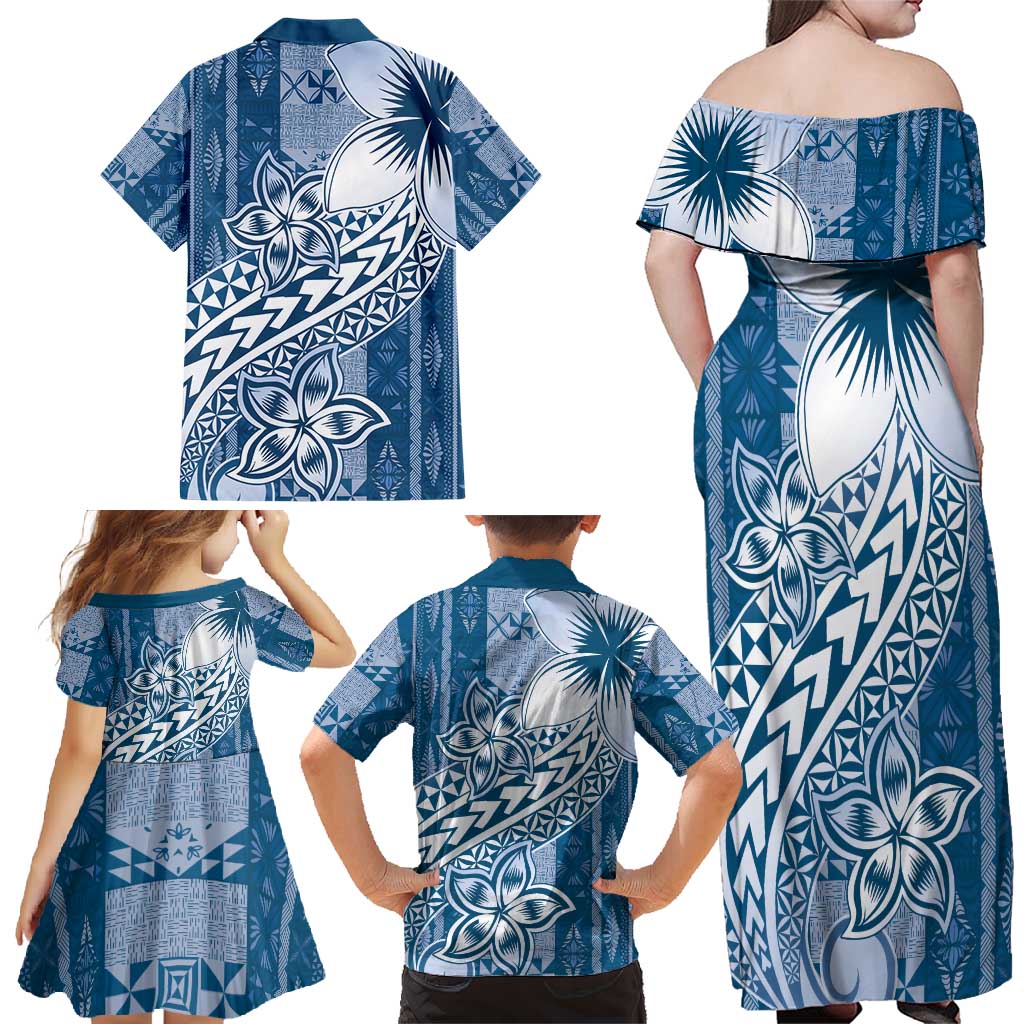 Tonga Kupesi Ngatu Family Matching Off Shoulder Maxi Dress and Hawaiian Shirt Vintage Blue Plumeria