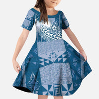 Tonga Kupesi Ngatu Family Matching Puletasi and Hawaiian Shirt Vintage Blue Plumeria LT05 Daughter's Dress Blue - Polynesian Pride