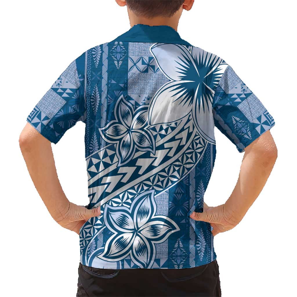 Tonga Kupesi Ngatu Family Matching Short Sleeve Bodycon Dress and Hawaiian Shirt Vintage Blue Plumeria LT05 - Polynesian Pride