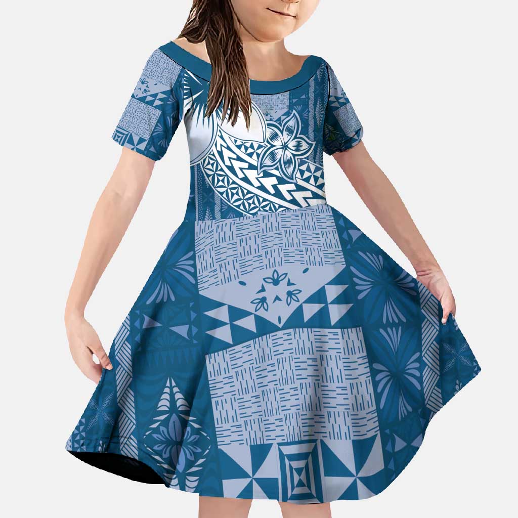 Tonga Kupesi Ngatu Family Matching Short Sleeve Bodycon Dress and Hawaiian Shirt Vintage Blue Plumeria LT05 Daughter's Dress Blue - Polynesian Pride