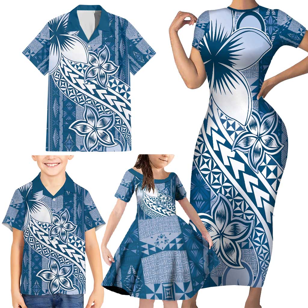 Tonga Kupesi Ngatu Family Matching Short Sleeve Bodycon Dress and Hawaiian Shirt Vintage Blue Plumeria
