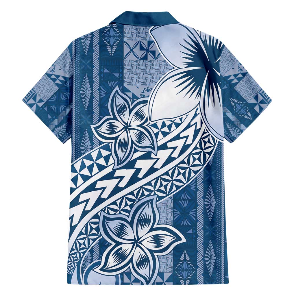 Tonga Kupesi Ngatu Family Matching Short Sleeve Bodycon Dress and Hawaiian Shirt Vintage Blue Plumeria LT05 - Polynesian Pride
