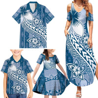 Tonga Kupesi Ngatu Family Matching Summer Maxi Dress and Hawaiian Shirt Vintage Blue Plumeria