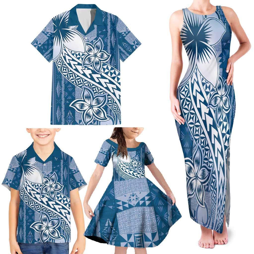 Tonga Kupesi Ngatu Family Matching Tank Maxi Dress and Hawaiian Shirt Vintage Blue Plumeria