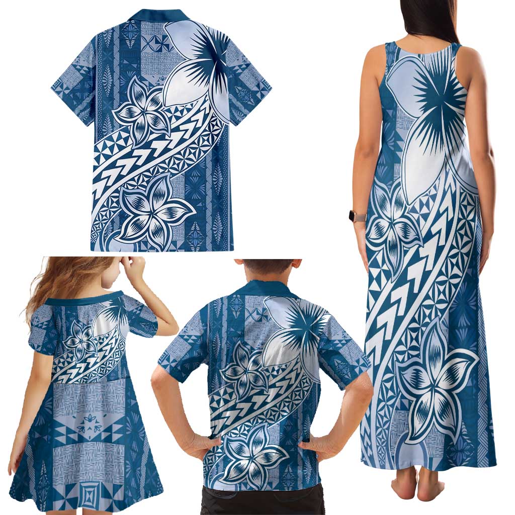 Tonga Kupesi Ngatu Family Matching Tank Maxi Dress and Hawaiian Shirt Vintage Blue Plumeria