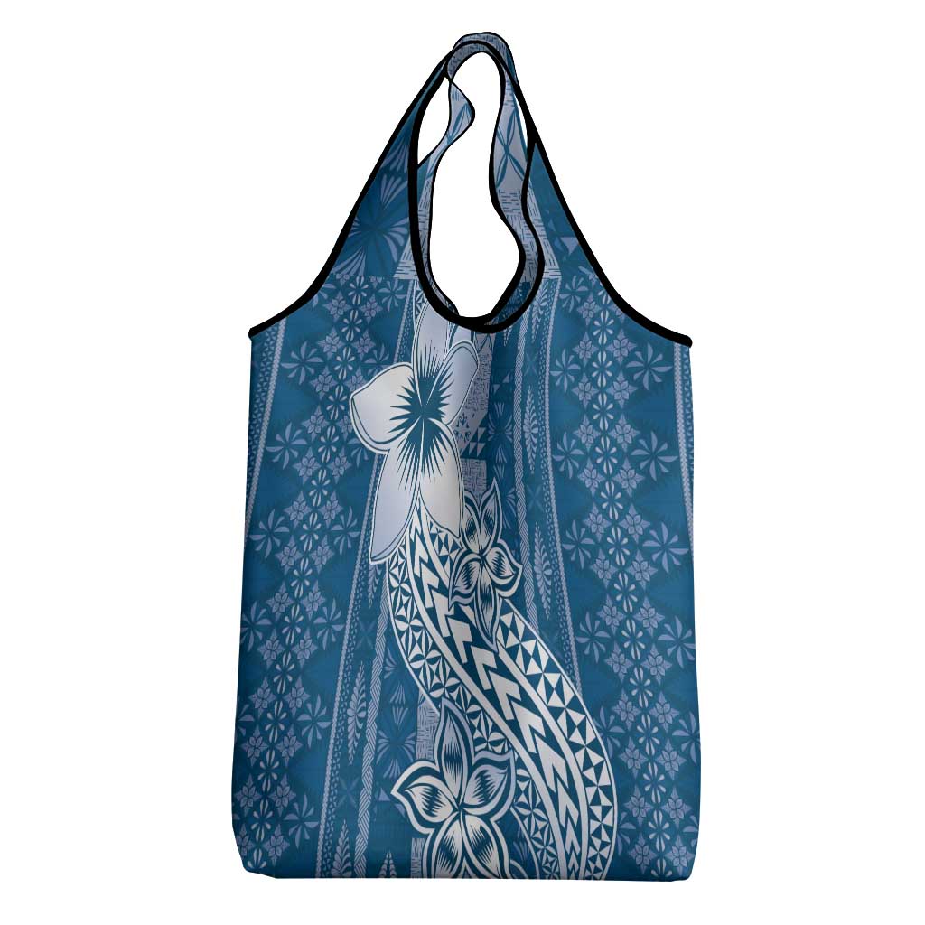 Tonga Kupesi Ngatu Grocery Bag Vintage Blue Plumeria