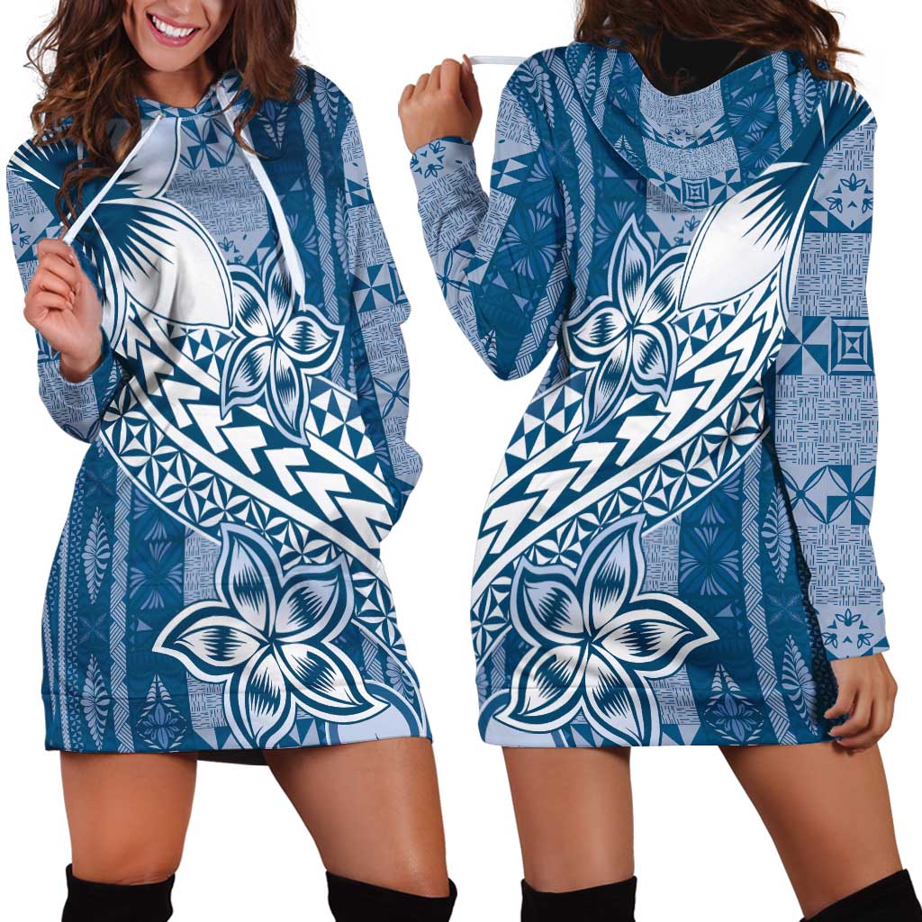 Tonga Kupesi Ngatu Hoodie Dress Vintage Blue Plumeria