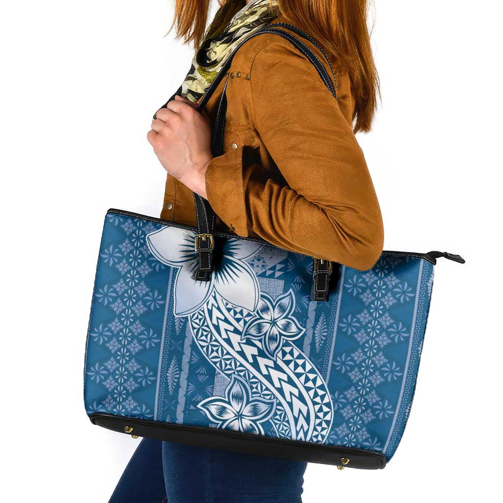Tonga Kupesi Ngatu Leather Tote Bag Vintage Blue Plumeria LT05 Blue - Polynesian Pride