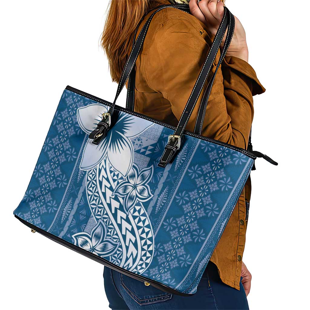 Tonga Kupesi Ngatu Leather Tote Bag Vintage Blue Plumeria