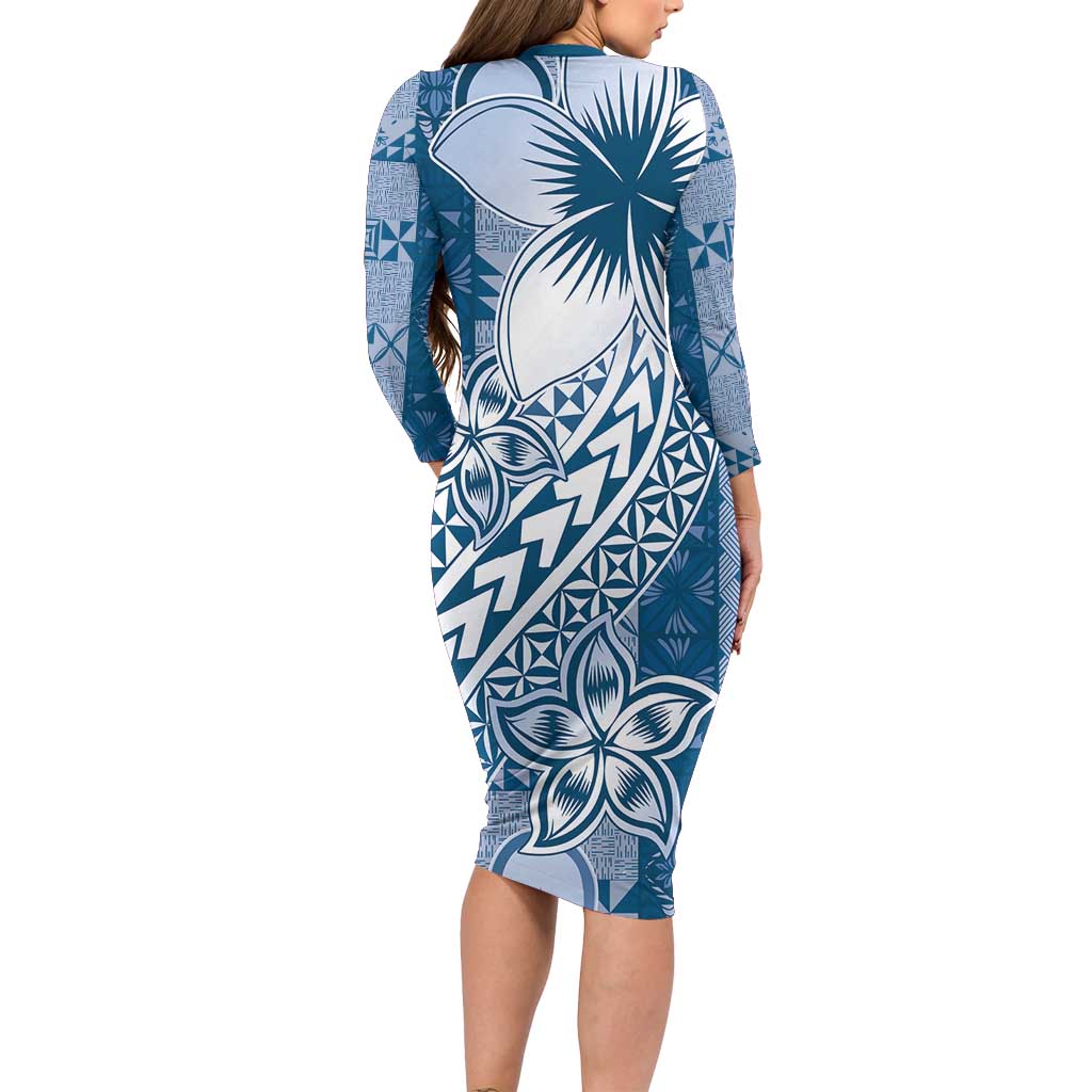 Tonga Kupesi Ngatu Long Sleeve Bodycon Dress Vintage Blue Plumeria