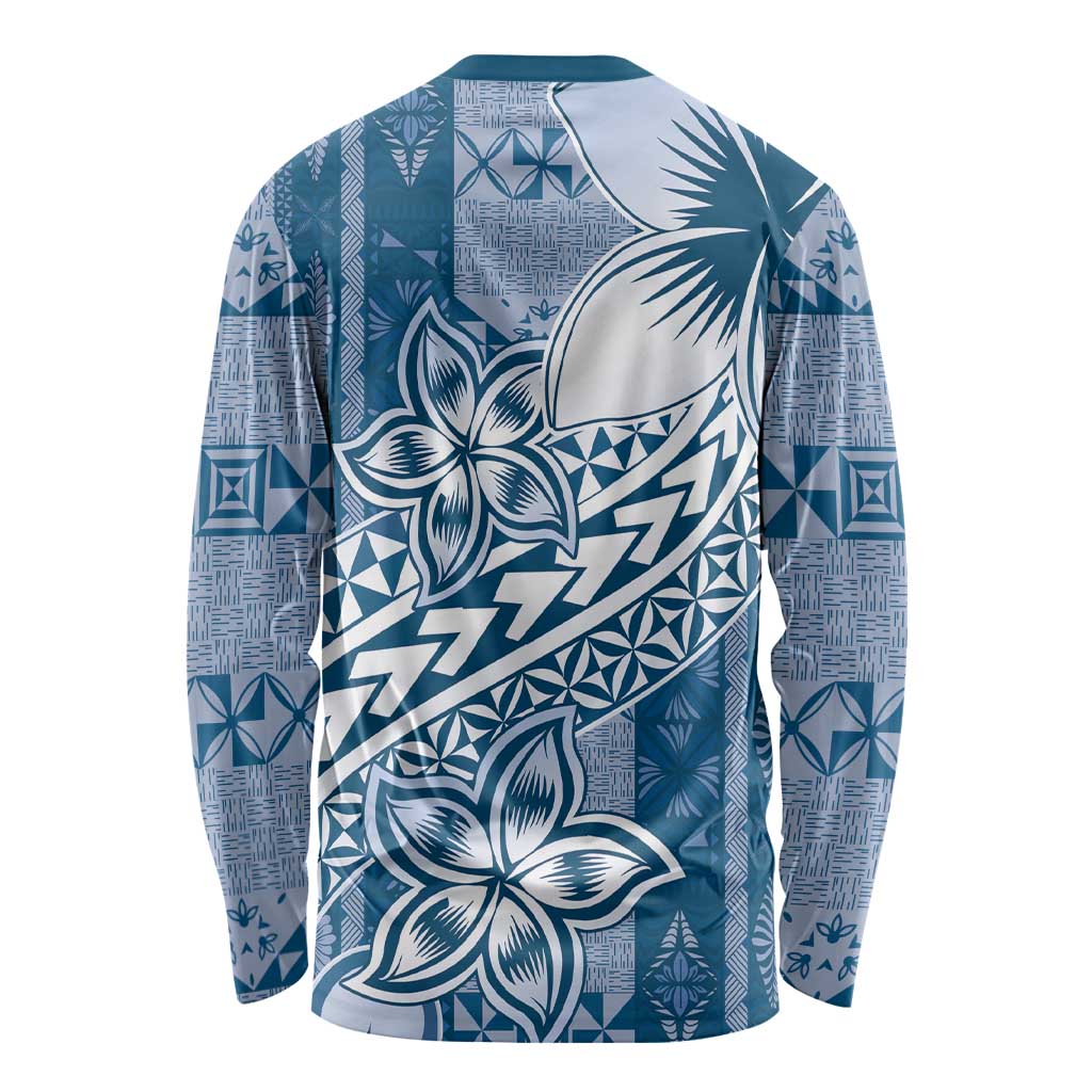 Tonga Kupesi Ngatu Long Sleeve Shirt Vintage Blue Plumeria LT05 - Polynesian Pride