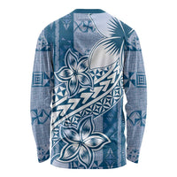Tonga Kupesi Ngatu Long Sleeve Shirt Vintage Blue Plumeria LT05 - Polynesian Pride