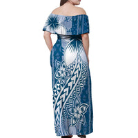 Tonga Kupesi Ngatu Off Shoulder Maxi Dress Vintage Blue Plumeria