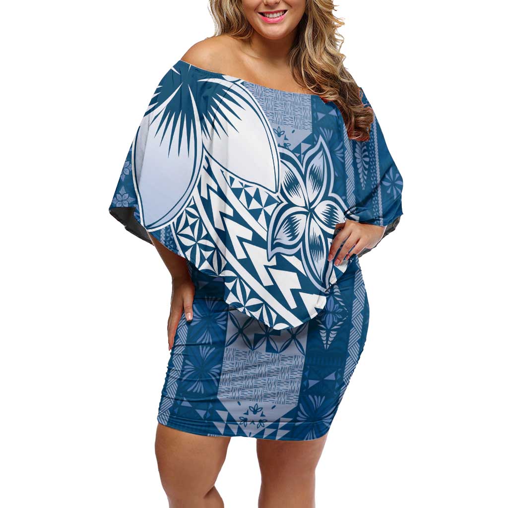 Tonga Kupesi Ngatu Off Shoulder Short Dress Vintage Blue Plumeria