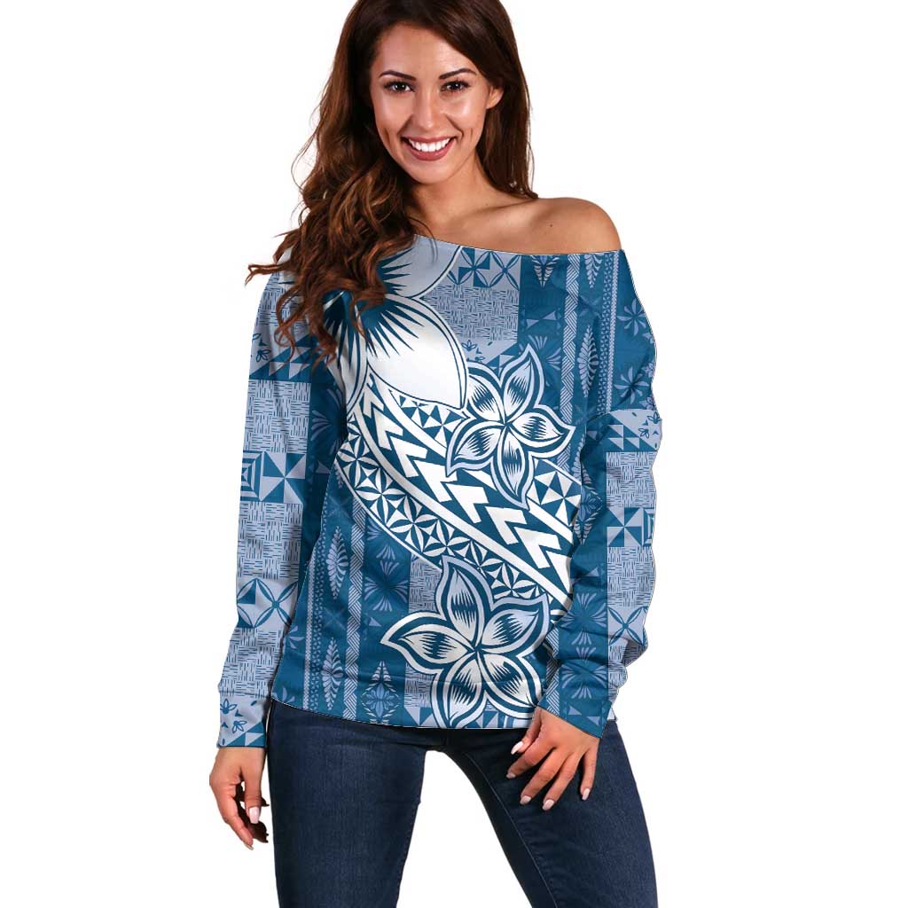 Tonga Kupesi Ngatu Off Shoulder Sweater Vintage Blue Plumeria
