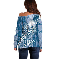 Tonga Kupesi Ngatu Off Shoulder Sweater Vintage Blue Plumeria