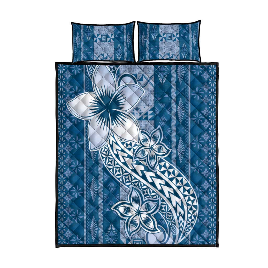 Tonga Kupesi Ngatu Quilt Bed Set Vintage Blue Plumeria