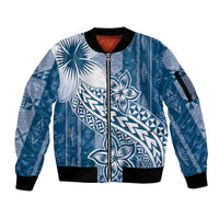 Tonga Kupesi Ngatu Sleeve Zip Bomber Jacket Vintage Blue Plumeria