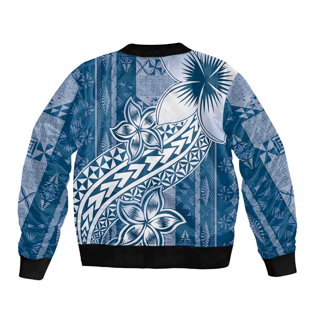 Tonga Kupesi Ngatu Sleeve Zip Bomber Jacket Vintage Blue Plumeria