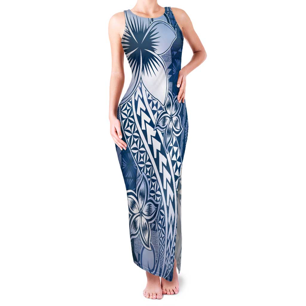 Tonga Kupesi Ngatu Tank Maxi Dress Vintage Blue Plumeria