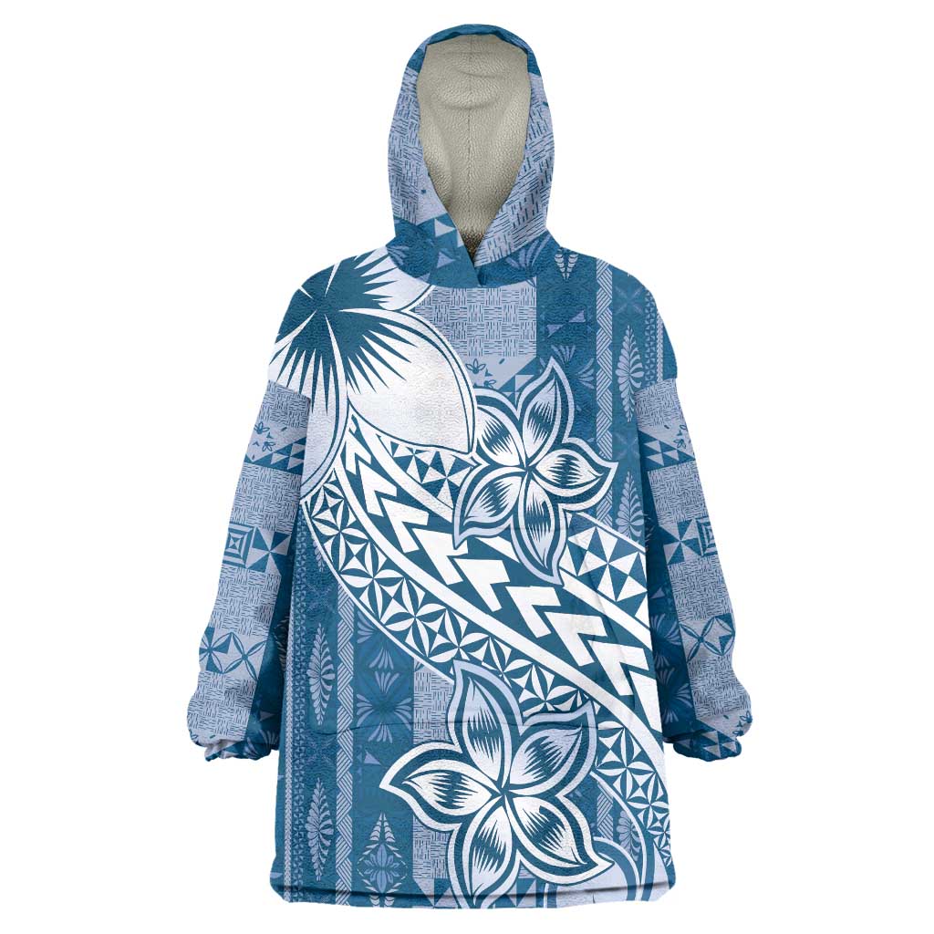 Tonga Kupesi Ngatu Wearable Blanket Hoodie Vintage Blue Plumeria
