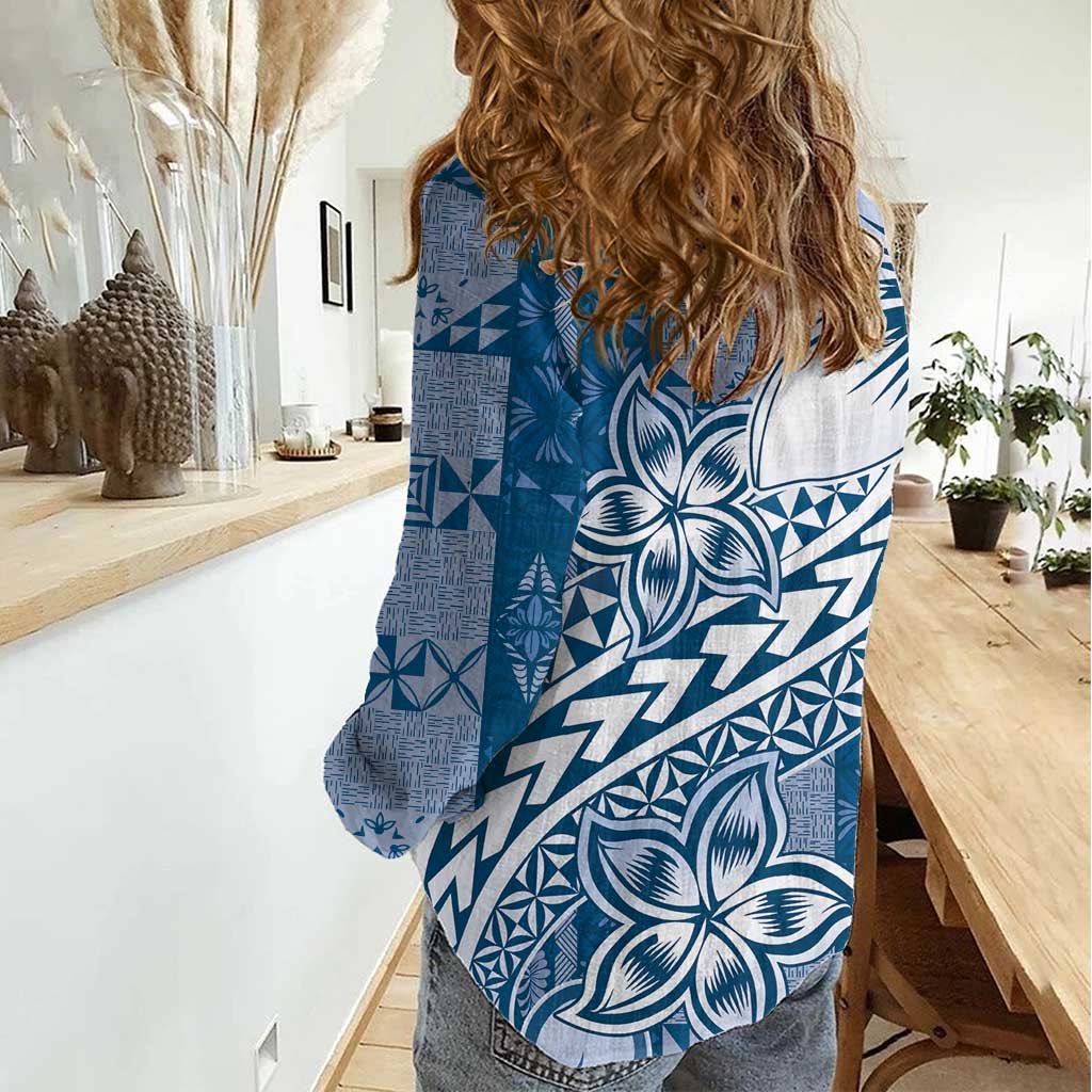 Tonga Kupesi Ngatu Women Casual Shirt Vintage Blue Plumeria