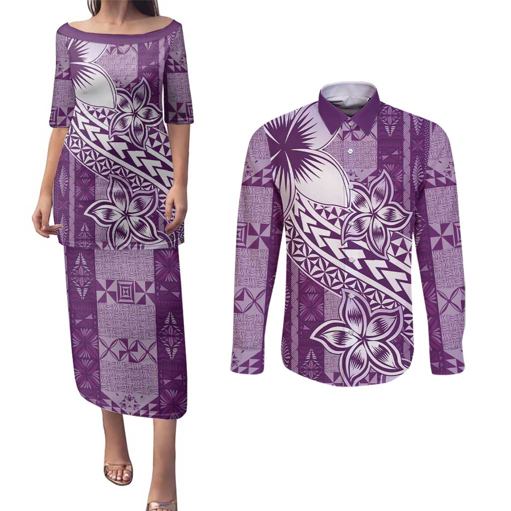 Tonga Kupesi Ngatu Couples Matching Puletasi and Long Sleeve Button Shirt Vintage Purple Plumeria LT05 Purple - Polynesian Pride