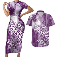 Tonga Kupesi Ngatu Couples Matching Short Sleeve Bodycon Dress and Hawaiian Shirt Vintage Purple Plumeria