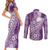 Tonga Kupesi Ngatu Couples Matching Short Sleeve Bodycon Dress and Long Sleeve Button Shirt Vintage Purple Plumeria