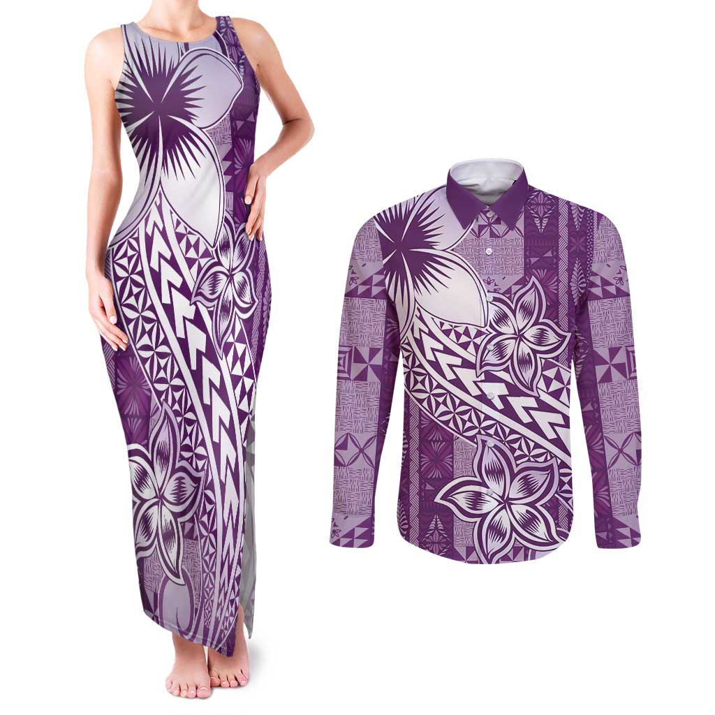Tonga Kupesi Ngatu Couples Matching Tank Maxi Dress and Long Sleeve Button Shirt Vintage Purple Plumeria LT05 Purple - Polynesian Pride
