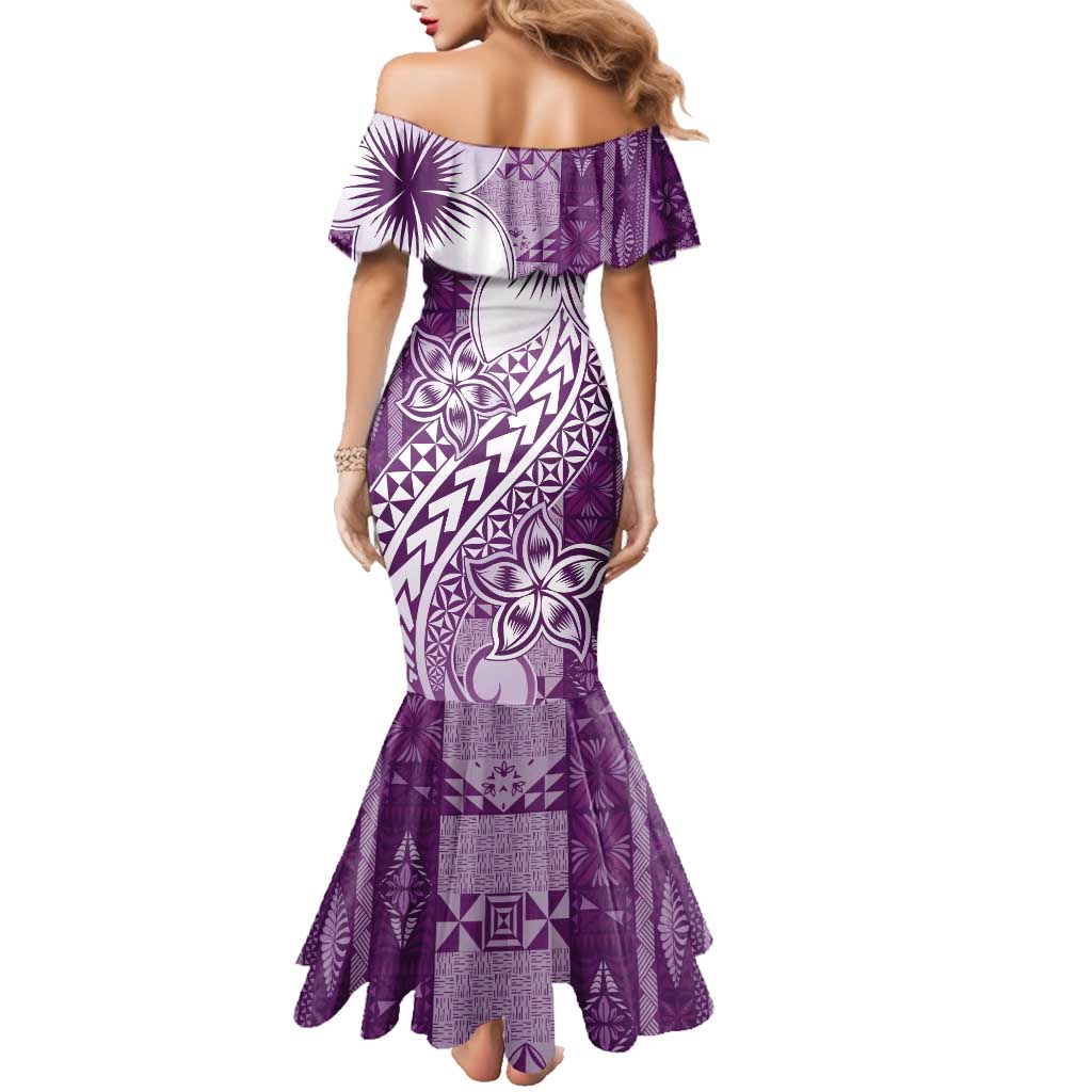 Tonga Kupesi Ngatu Family Matching Mermaid Dress and Hawaiian Shirt Vintage Purple Plumeria