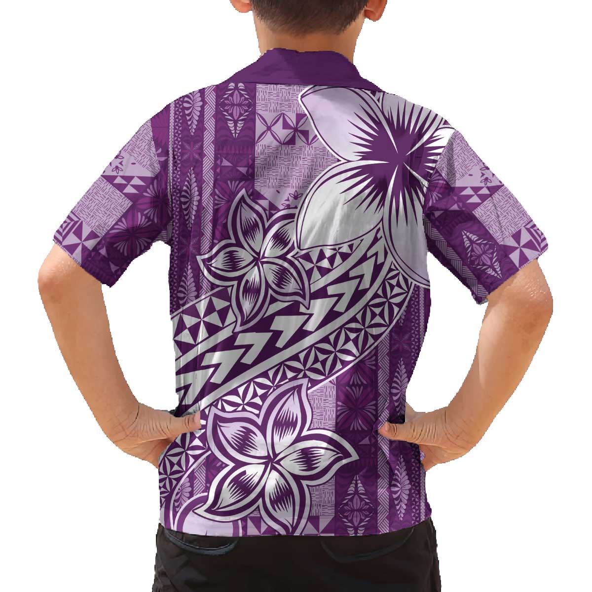 Tonga Kupesi Ngatu Family Matching Off The Shoulder Long Sleeve Dress and Hawaiian Shirt Vintage Purple Plumeria