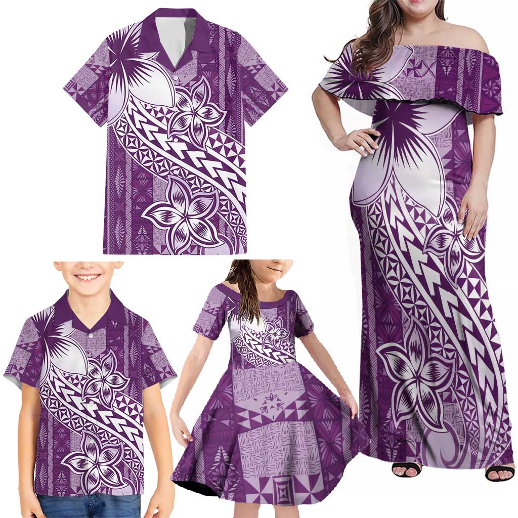 Tonga Kupesi Ngatu Family Matching Off Shoulder Maxi Dress and Hawaiian Shirt Vintage Purple Plumeria