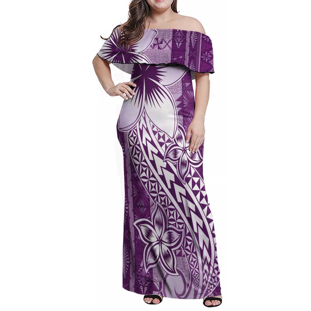 Tonga Kupesi Ngatu Family Matching Off Shoulder Maxi Dress and Hawaiian Shirt Vintage Purple Plumeria