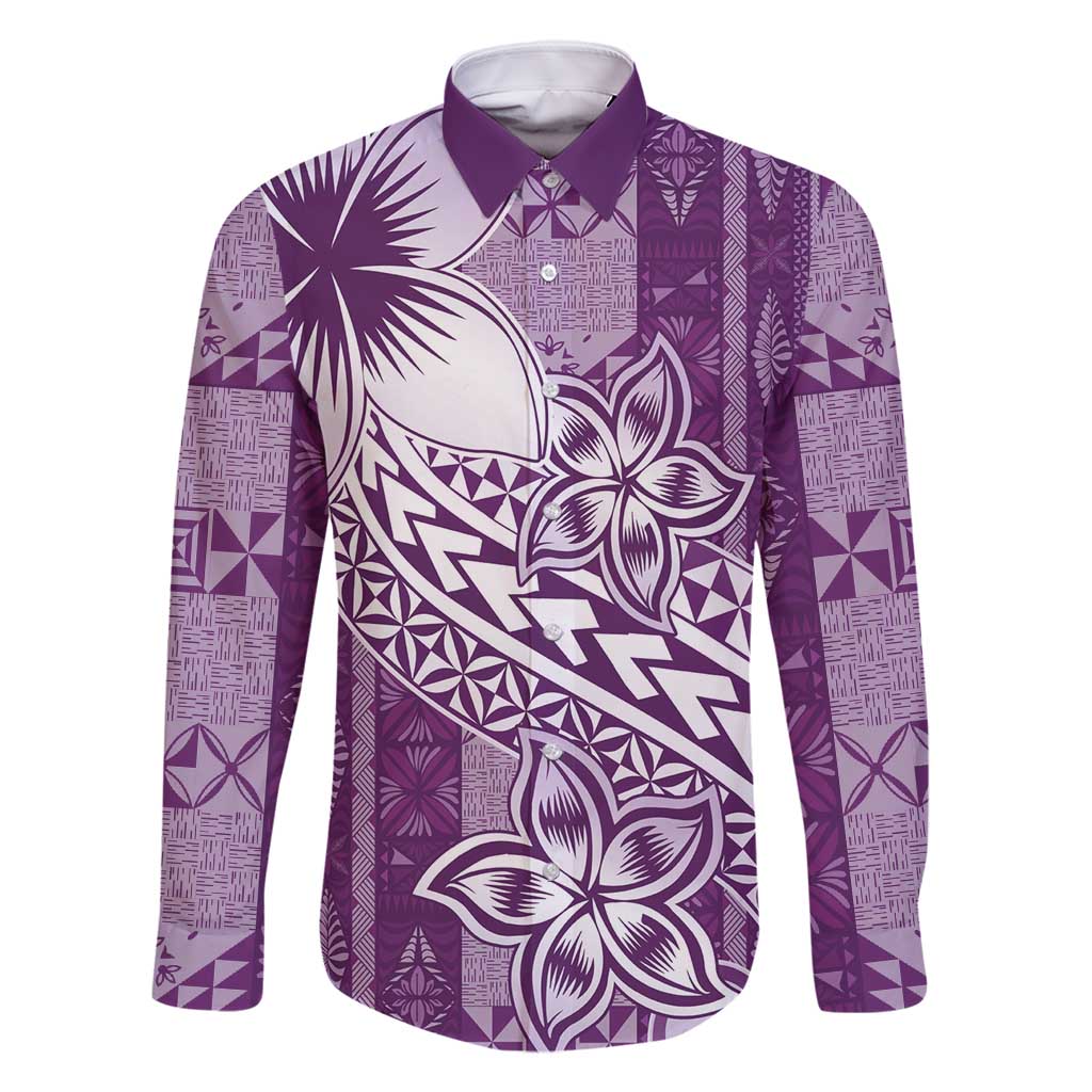 Tonga Kupesi Ngatu Family Matching Off Shoulder Short Dress and Hawaiian Shirt Vintage Purple Plumeria