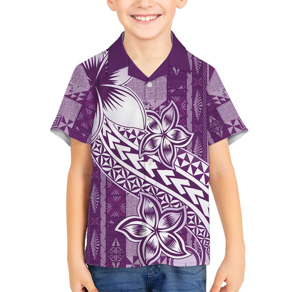 Tonga Kupesi Ngatu Family Matching Off Shoulder Short Dress and Hawaiian Shirt Vintage Purple Plumeria