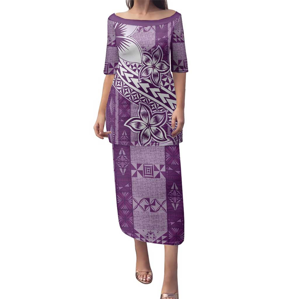 Tonga Kupesi Ngatu Family Matching Puletasi and Hawaiian Shirt Vintage Purple Plumeria