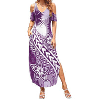 Tonga Kupesi Ngatu Family Matching Summer Maxi Dress and Hawaiian Shirt Vintage Purple Plumeria